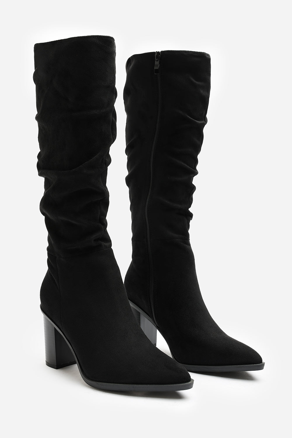 Primrose Wide Fit Slouch Knee High Boots With Block Heel In Black Suede
