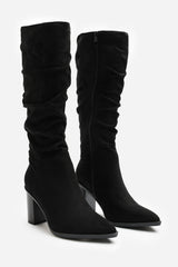 Primrose Wide Fit Slouch Knee High Boots With Block Heel In Black Suede
