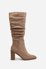 Primrose Slouch Knee High Boots with Block Heel in Camel Suede