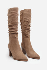 Primrose Slouch Knee High Boots with Block Heel in Camel Suede