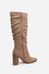 Primrose Slouch Knee High Boots with Block Heel in Camel Suede
