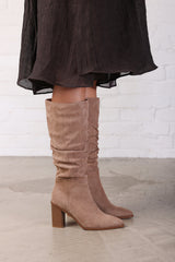Primrose Slouch Knee High Boots with Block Heel in Camel Suede