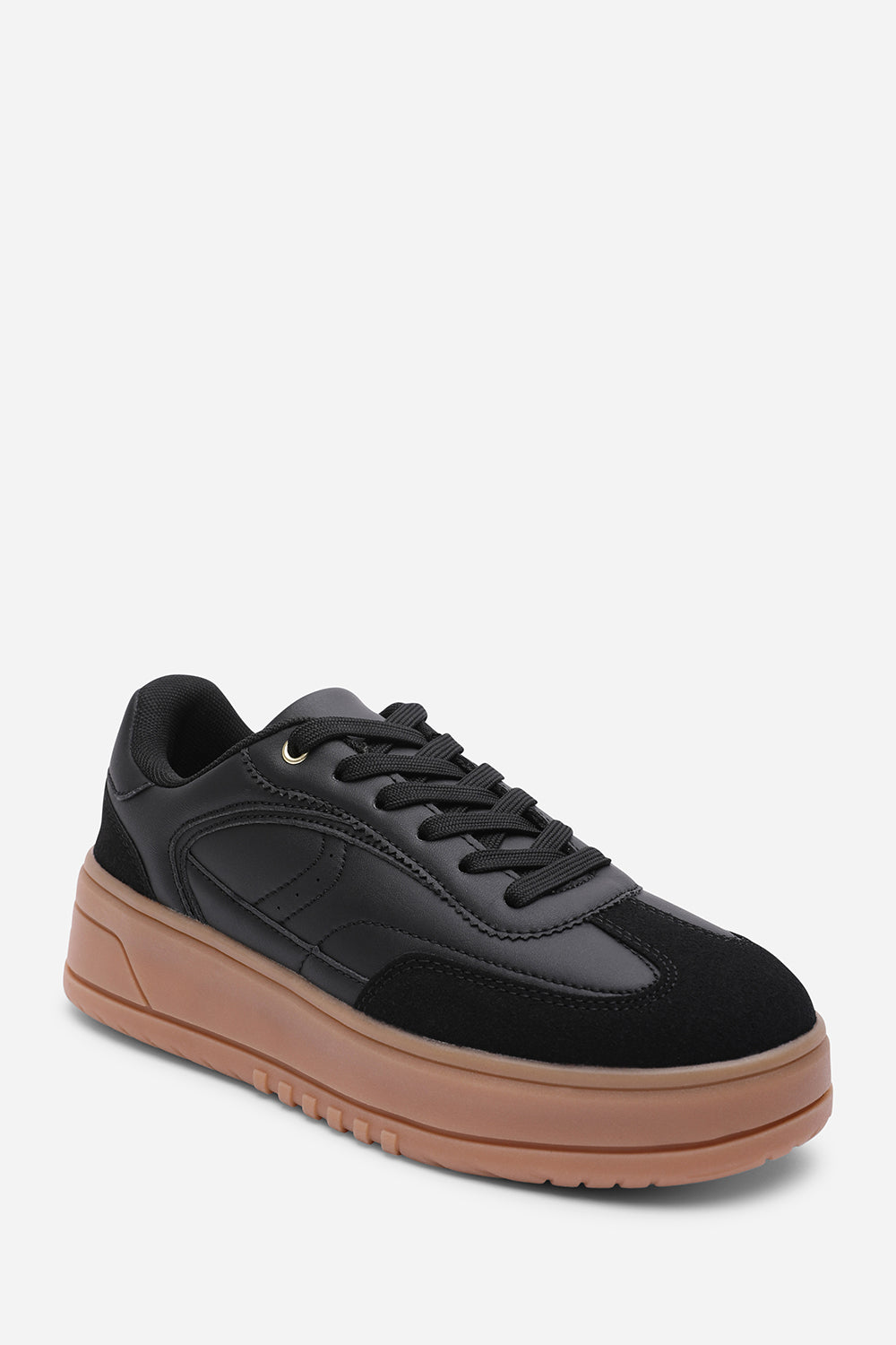 Xia Black Low Wedge Lace up trainer with leopard print heel detail
