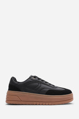 Xia Black Low Wedge Lace up trainer with leopard print heel detail