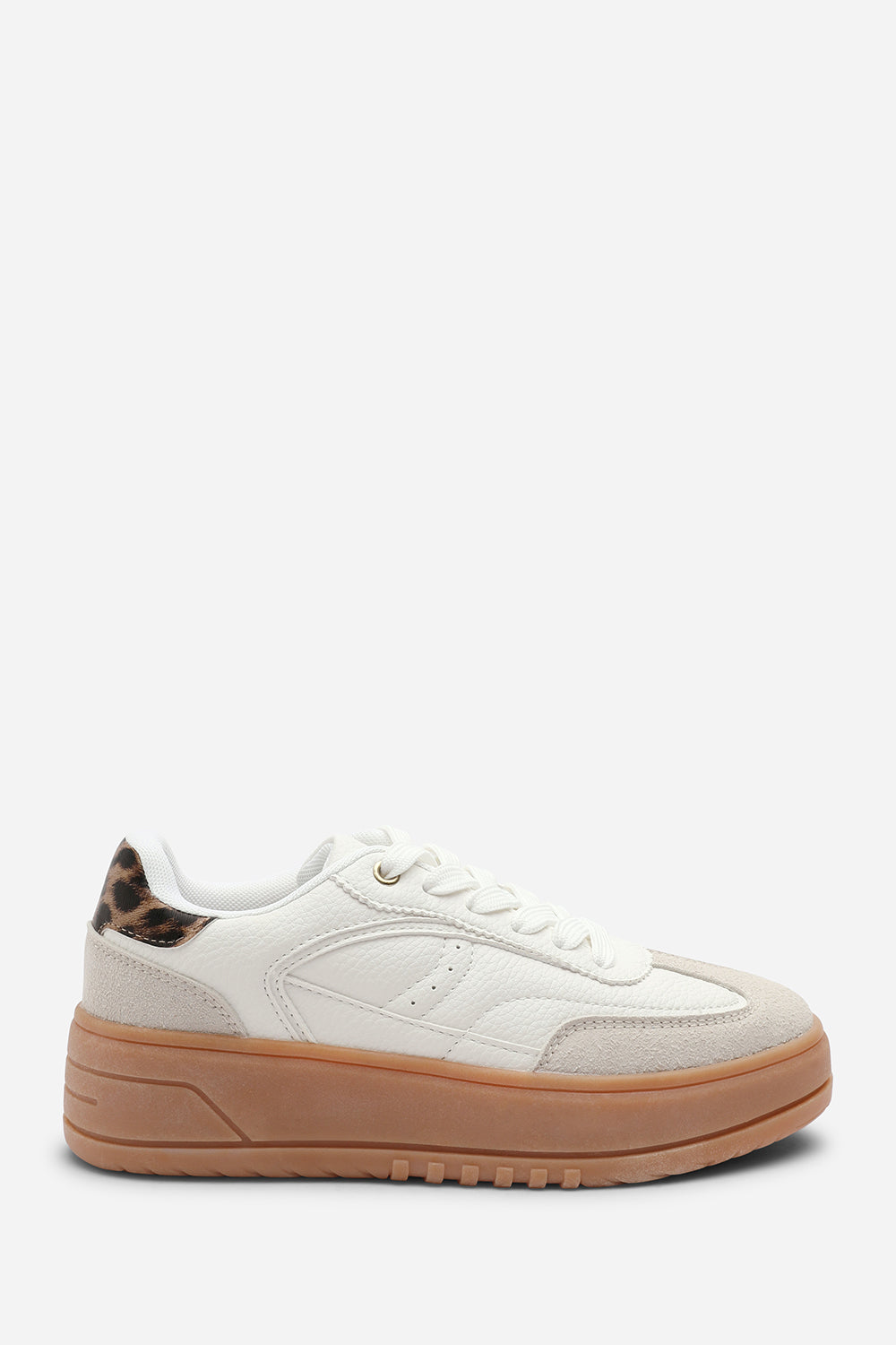 Xia White Low Wedge Lace up trainer with leopard print heel detail