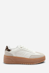 Xia White Low Wedge Lace up trainer with leopard print heel detail