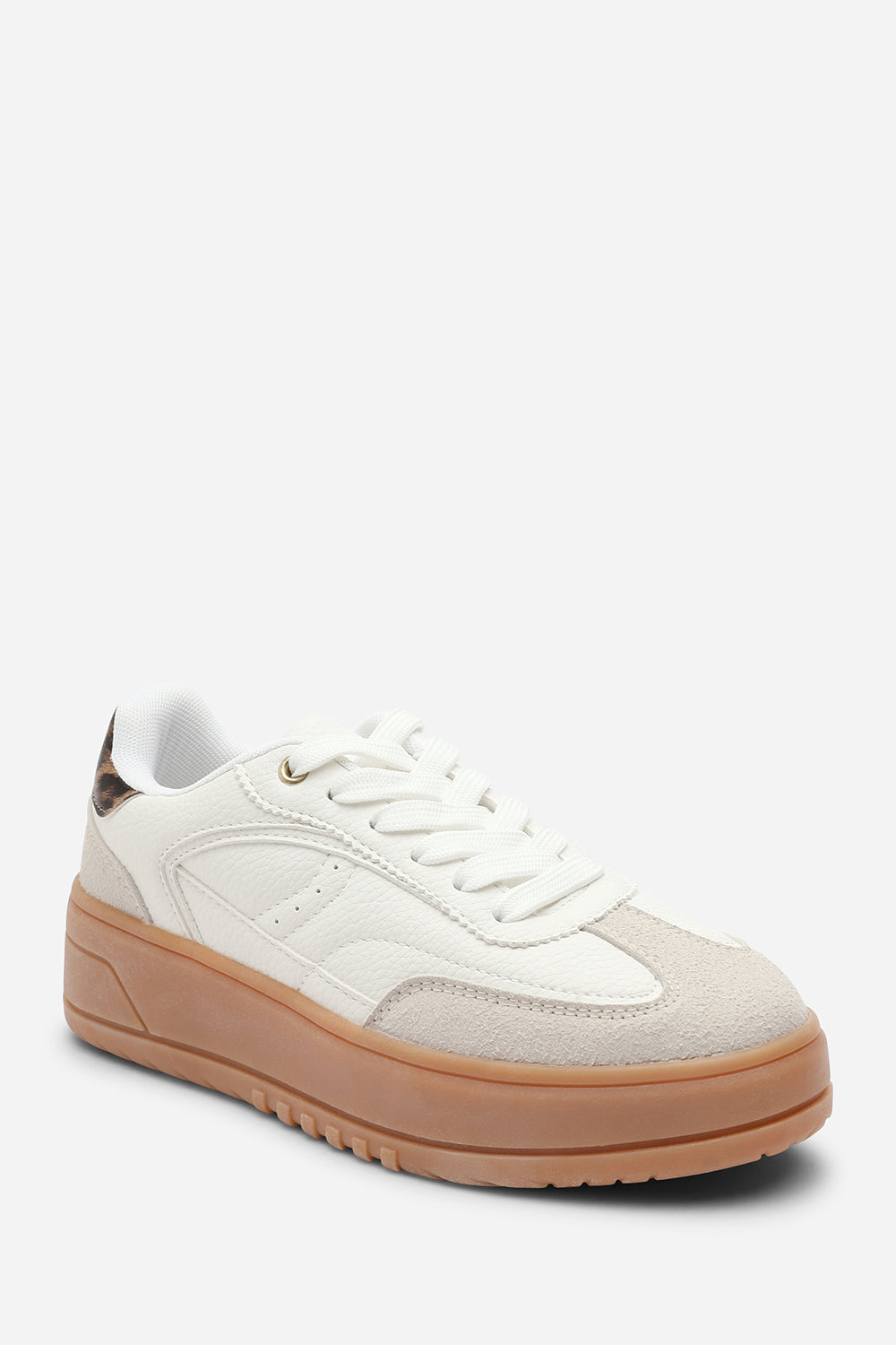 Xia White Low Wedge Lace up trainer with leopard print heel detail