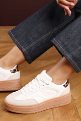 Xia White Low Wedge Lace up trainer with leopard print heel detail