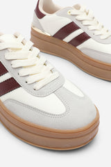Yulia Grey Platform Lace Up Trainers with Wine Side Stripes
