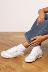 Brisa White Court Lace up Trainer with Grey  Stripe detail