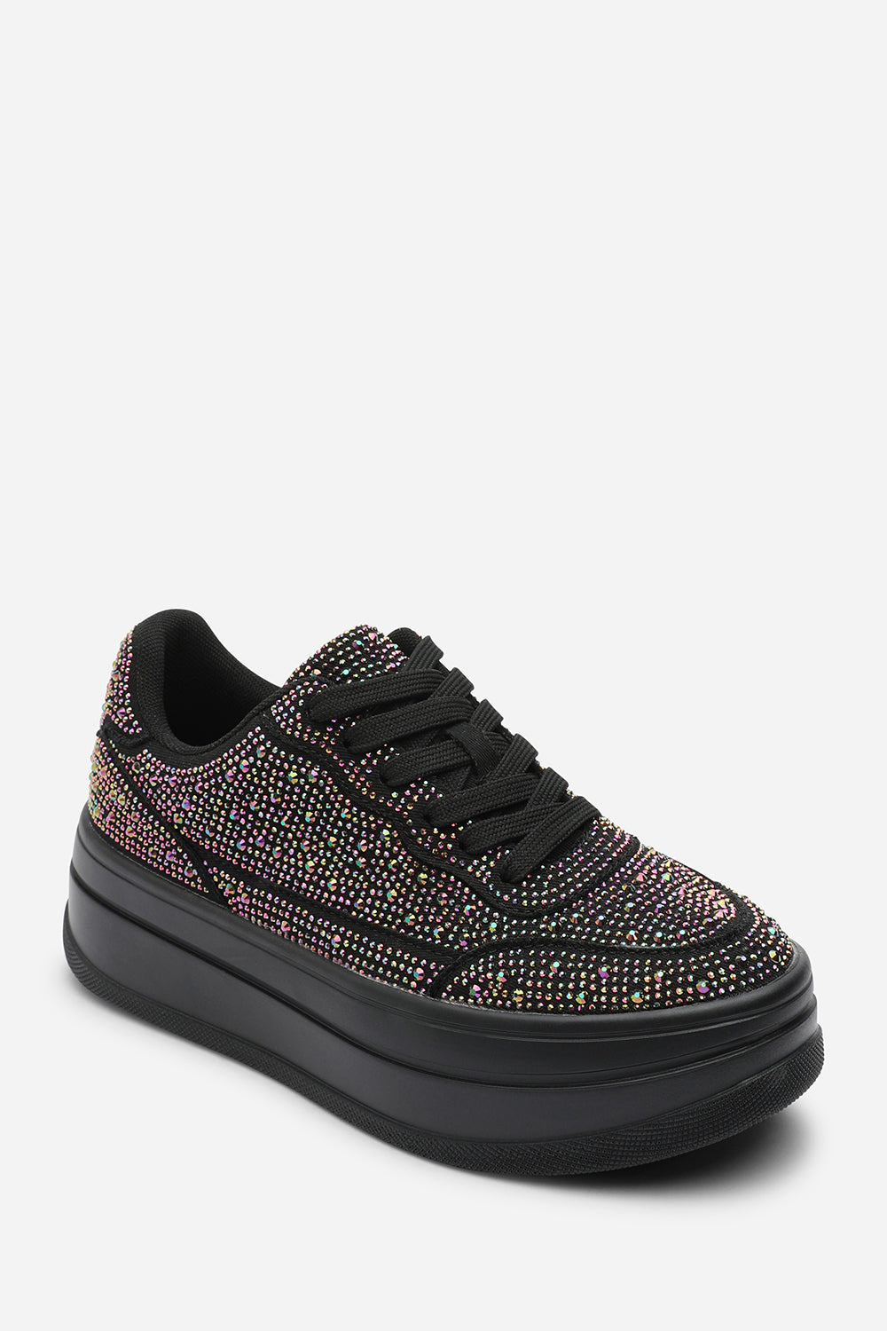 Caia Black Wedge Lace Up trainer with Black diamante Detail
