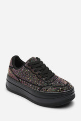 Caia Black Wedge Lace Up trainer with Black diamante Detail