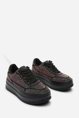 Caia Black Wedge Lace Up trainer with Black diamante Detail