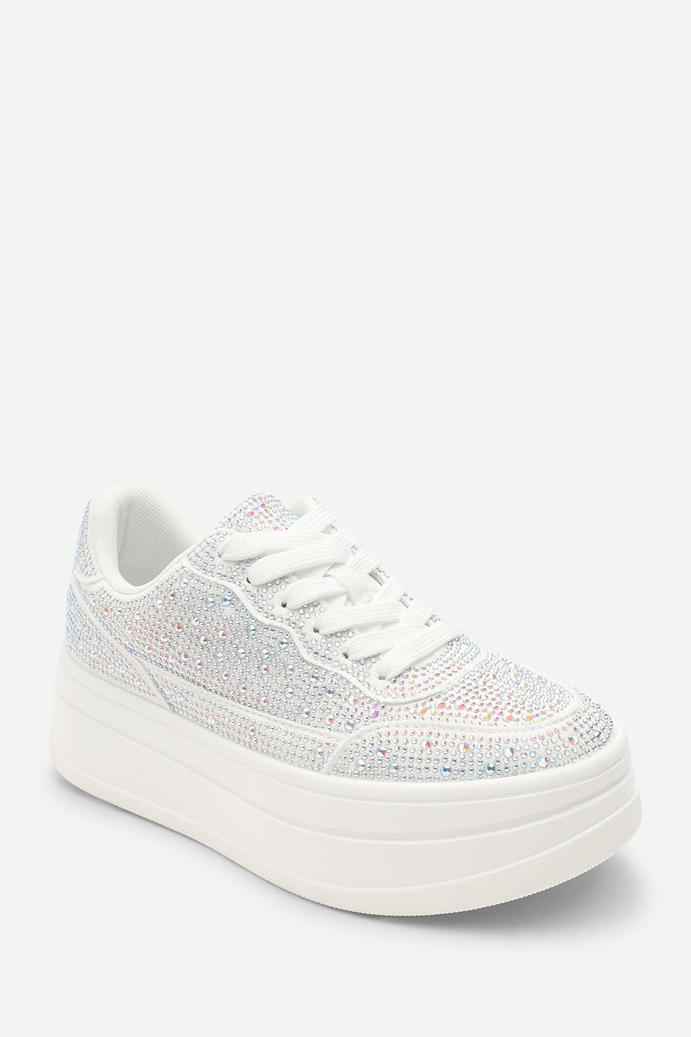 Caia White Wedge Lace Up trainer with Silver diamante Detail