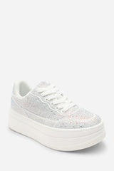 Caia White Wedge Lace Up trainer with Silver diamante Detail