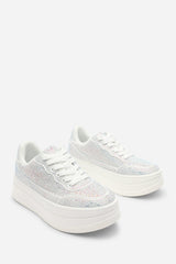 Caia White Wedge Lace Up trainer with Silver diamante Detail