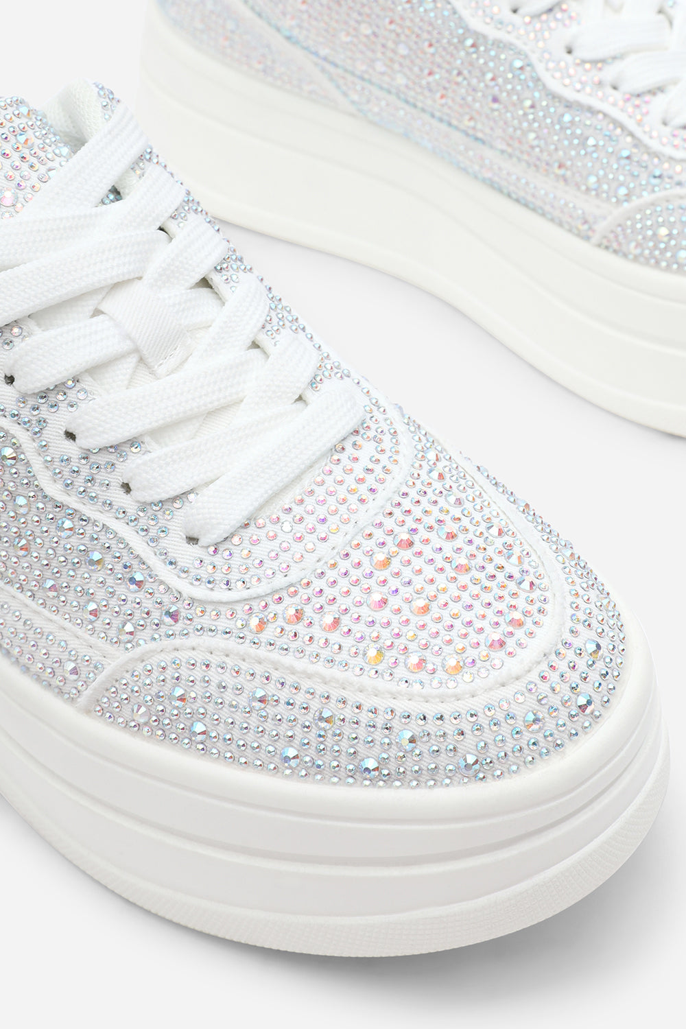 Caia White Wedge Lace Up trainer with Silver diamante Detail