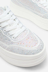 Caia White Wedge Lace Up trainer with Silver diamante Detail