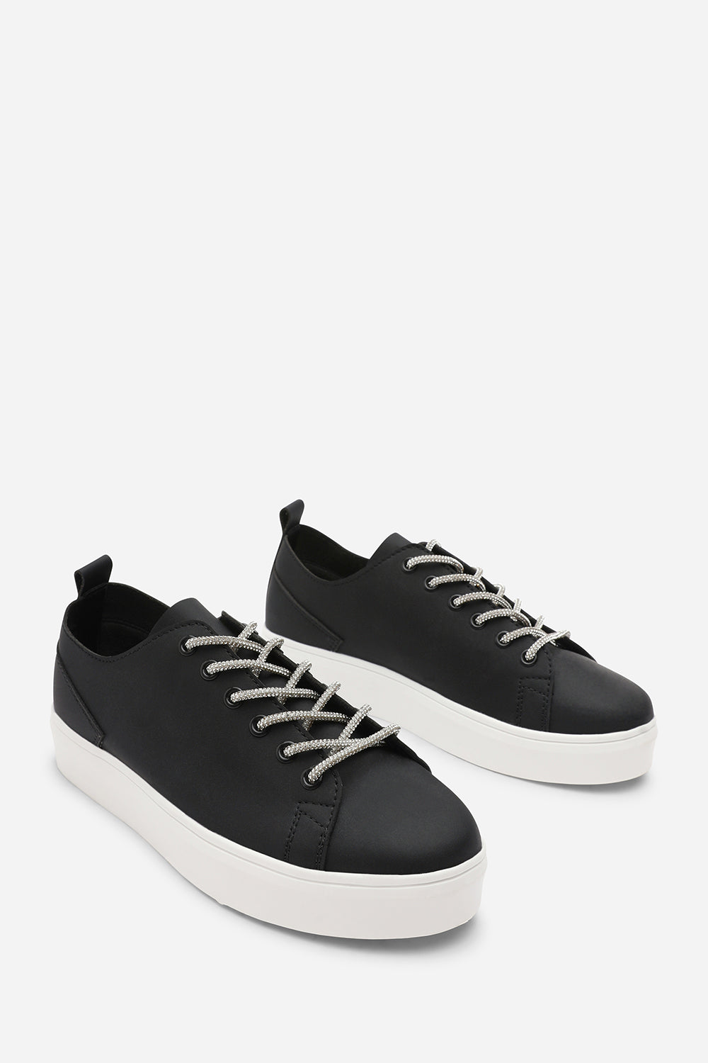 Eliane Black Low Wedge Trainer with Silver Lace up detail
