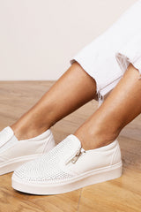 Florina White Zip detail Trainer with Diamante Toe