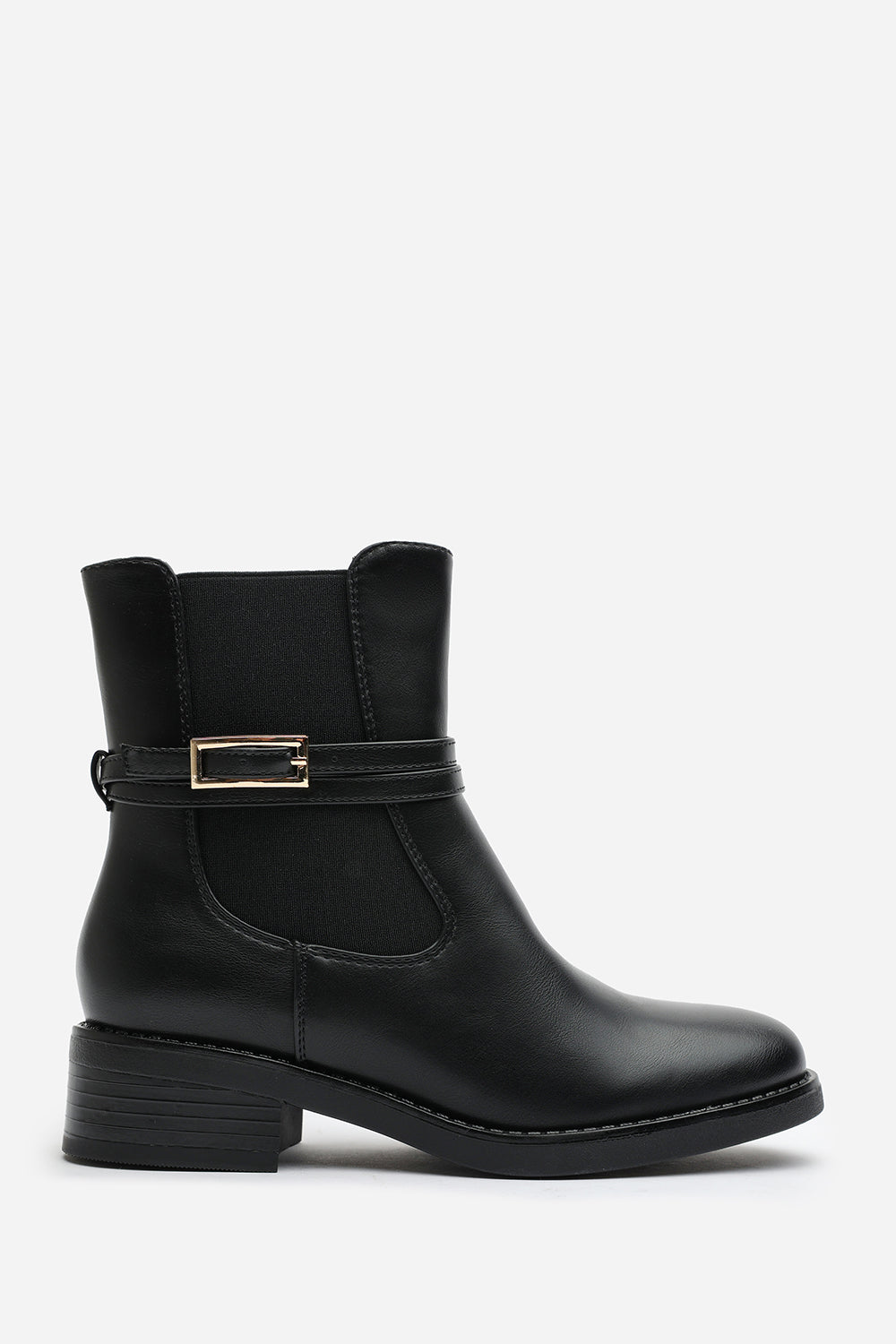 Quilla Ankle Boot with Gold Buckle Detail in Black Faux Leather