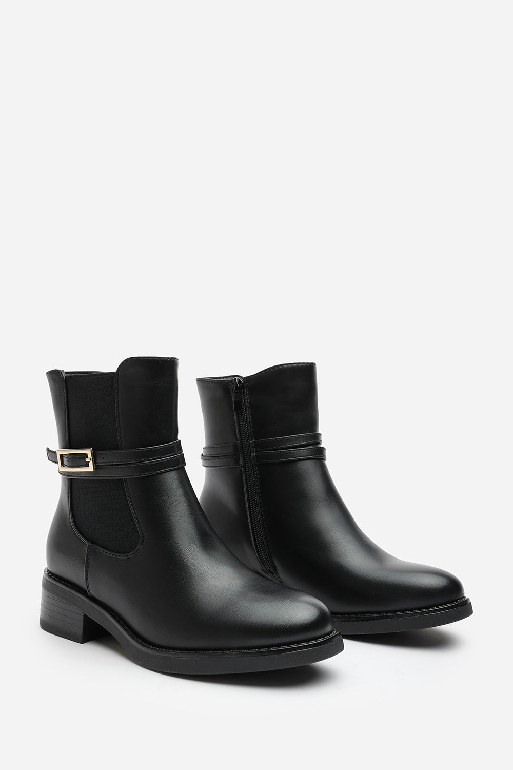 Quilla Ankle Boot with Gold Buckle Detail in Black Faux Leather