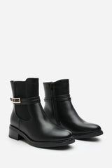 Quilla Ankle Boot with Gold Buckle Detail in Black Faux Leather
