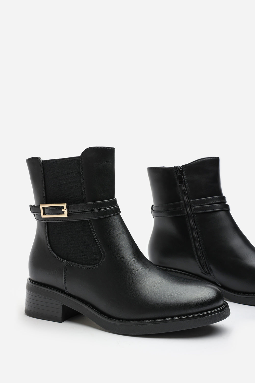 Quilla Ankle Boot with Gold Buckle Detail in Black Faux Leather