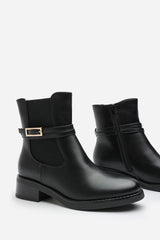 Quilla Ankle Boot with Gold Buckle Detail in Black Faux Leather