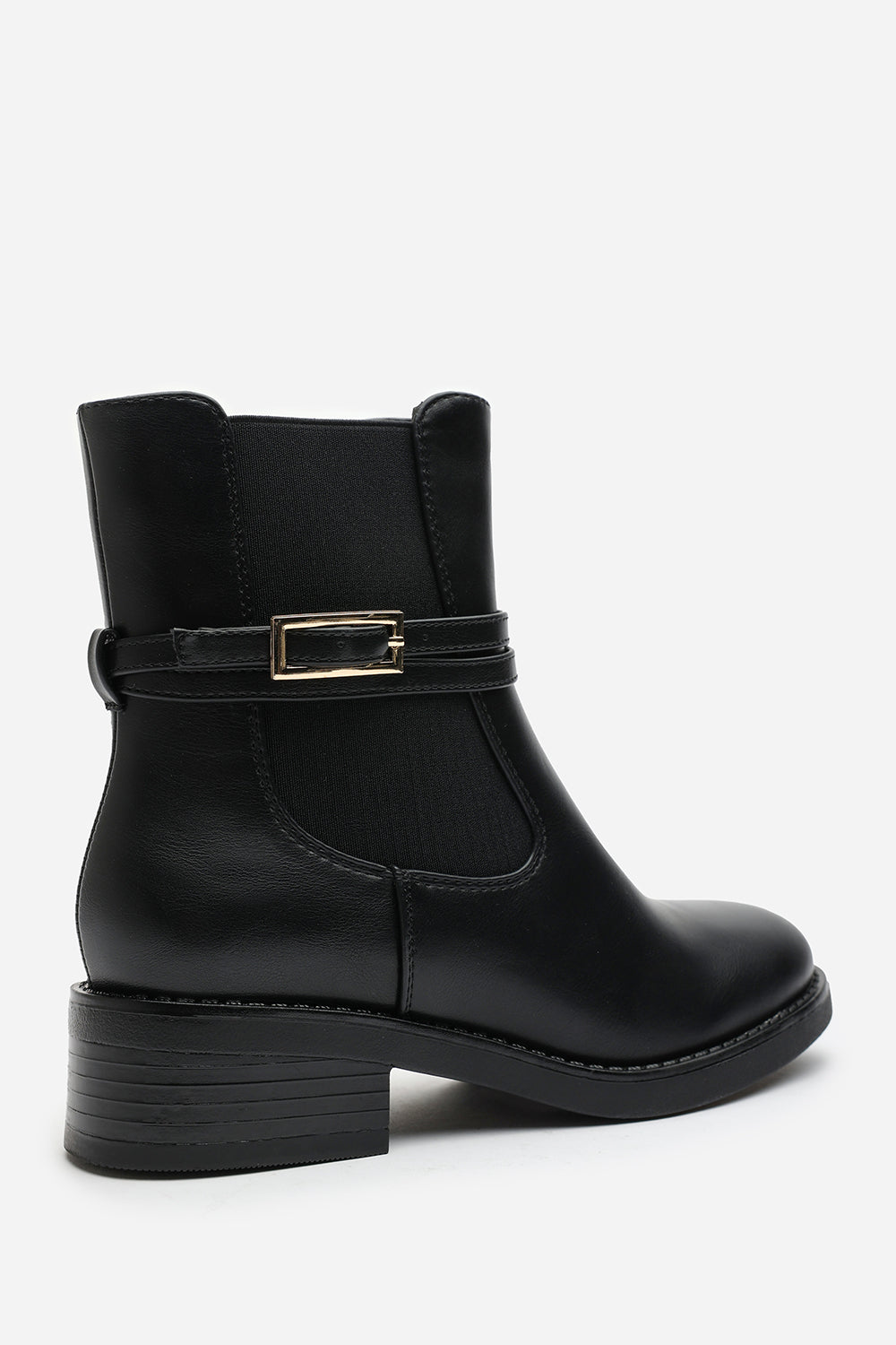 Quilla Ankle Boot with Gold Buckle Detail in Black Faux Leather