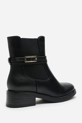 Quilla Ankle Boot with Gold Buckle Detail in Black Faux Leather