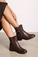 Quilla Ankle Boot with Gold Buckle Detail in Light Brown Faux Leather