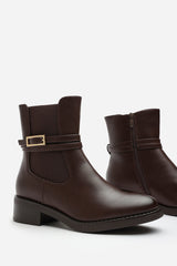 Quilla Ankle Boot with Gold Buckle Detail in Light Brown Faux Leather