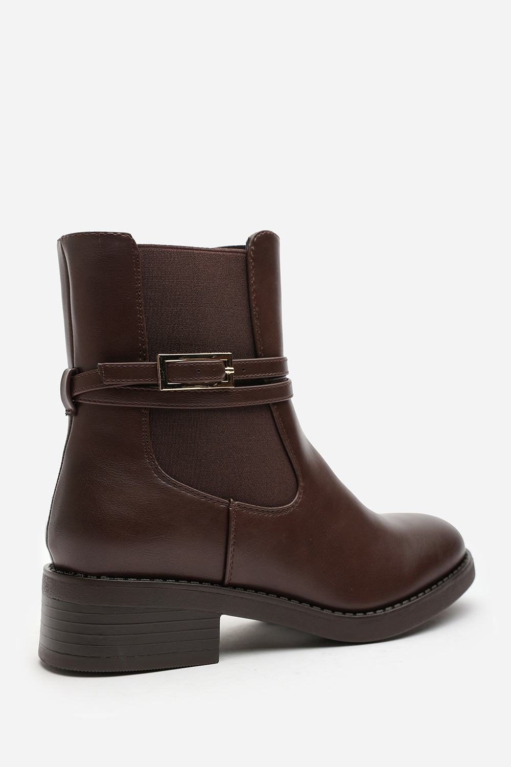 Quilla Ankle Boot with Gold Buckle Detail in Light Brown Faux Leather