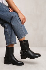 BODE WIDE FIT ANKLE BOOT WITH BUCKLE DETAILING IN BLACK FAUX LEATHER