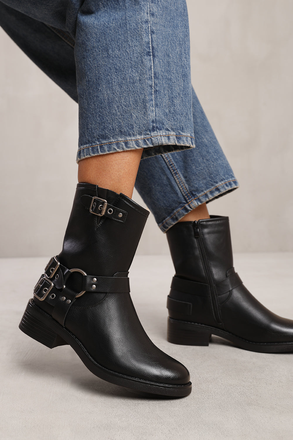 BODE WIDE FIT ANKLE BOOT WITH BUCKLE DETAILING IN BLACK FAUX LEATHER