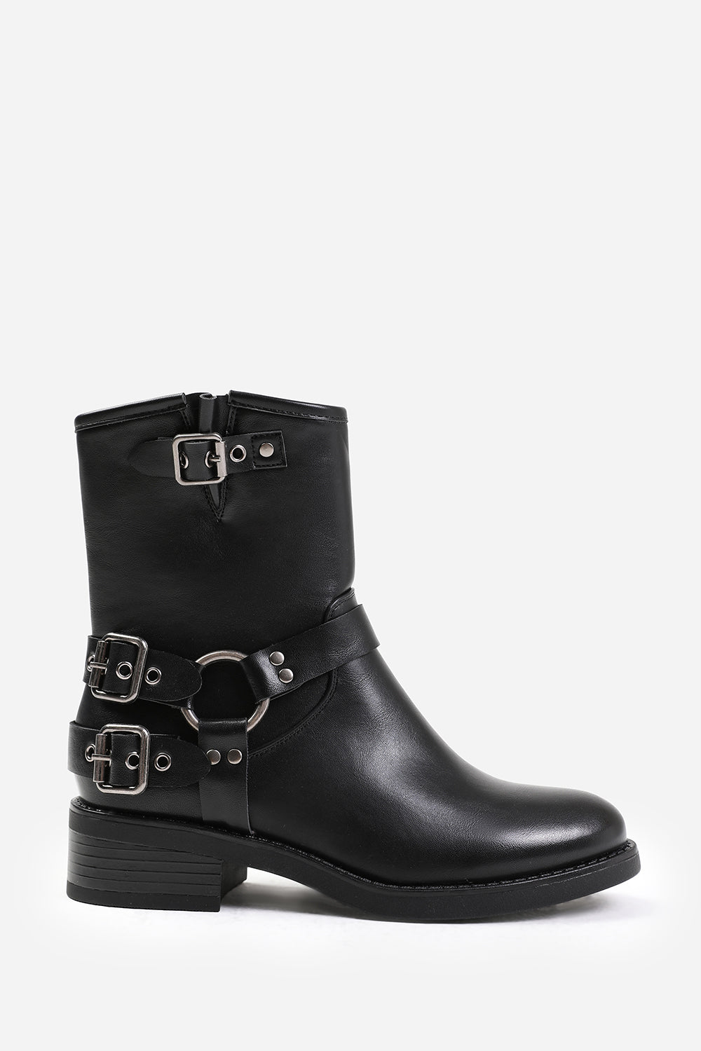 BODE WIDE FIT ANKLE BOOT WITH BUCKLE DETAILING IN BLACK FAUX LEATHER