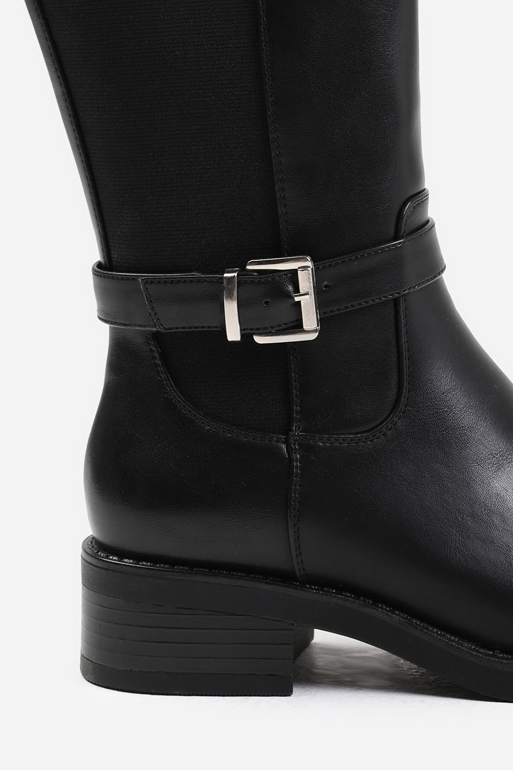 MICAH STRETCH WIDE CALF KNEE HIGH BOOTS WITH BUCKLE DETAIL IN WIDE E FIT IN BLACK FAUX LEATHER