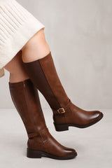 MICAH STRETCH WIDE CALF KNEE HIGH BOOTS WITH BUCKLE DETAIL IN WIDE E FIT IN BROWN FAUX LEATHER