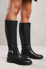 MICAH KNEE HIGH BOOTS WITH BUCKLE DETAIL IN BLACK FAUX LEATHER