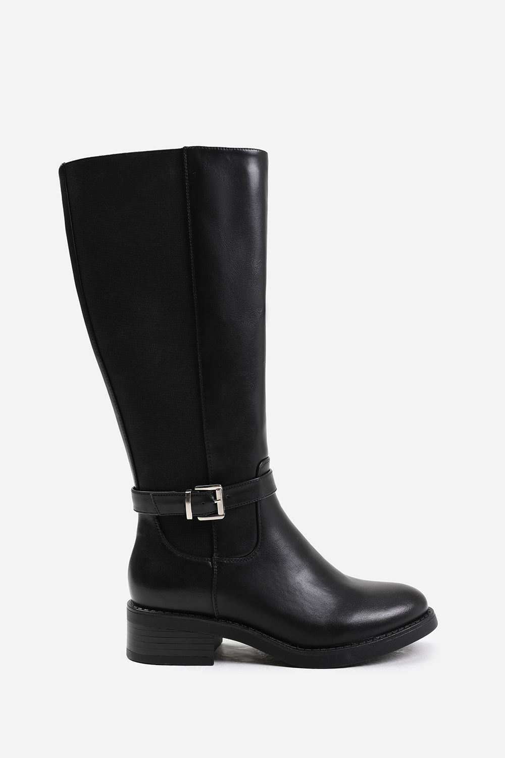 MICAH KNEE HIGH BOOTS WITH BUCKLE DETAIL IN BLACK FAUX LEATHER