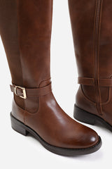 MICAH KNEE HIGH BOOTS WITH BUCKLE DETAIL IN BROWN FAUX LEATHER