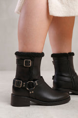 WYNTER ANKLE BOOT WITH BUCKLE DETAILING IN BLACK FAUX LEATHER