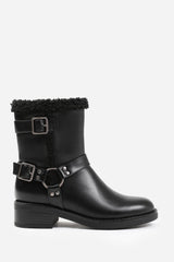 WYNTER ANKLE BOOT WITH BUCKLE DETAILING IN BLACK FAUX LEATHER