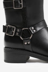 WYNTER ANKLE BOOT WITH BUCKLE DETAILING IN BLACK FAUX LEATHER