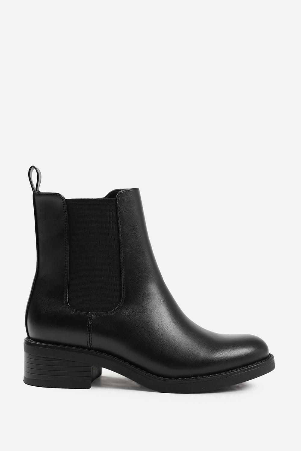 OLIVIA WIDE FIT ANKLE BOOT WITH ELASTIC PANEL AND SIDE ZIP IN BLACK FAUX LEATHER