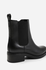 OLIVIA WIDE FIT ANKLE BOOT WITH ELASTIC PANEL AND SIDE ZIP IN BLACK FAUX LEATHER