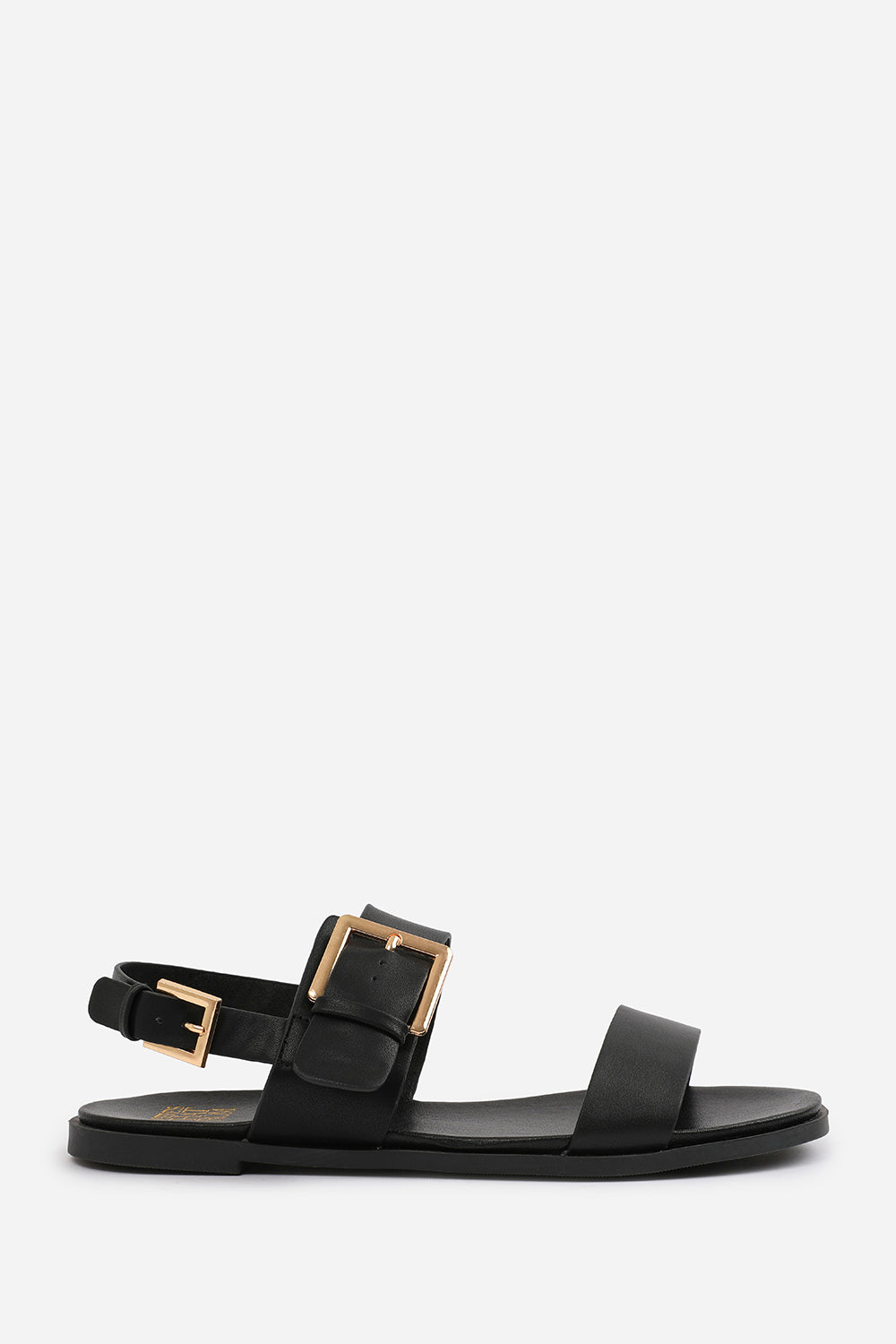 CAMILLA WIDE FIT CLASSIC FLAT SANDALS WITH STRAP AND BUCKLE DETAIL IN BLACK FAUX LEATHER