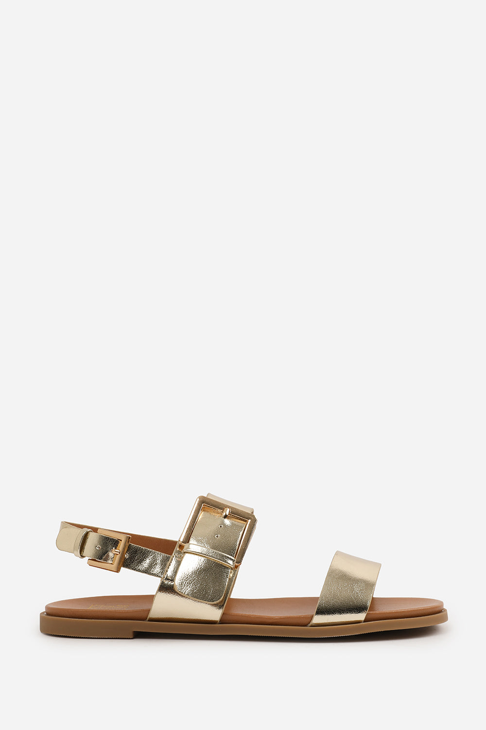 CAMILLA WIDE FIT CLASSIC FLAT SANDALS WITH STRAP AND BUCKLE DETAIL IN GOLD METALLIC FAUX LEATHER