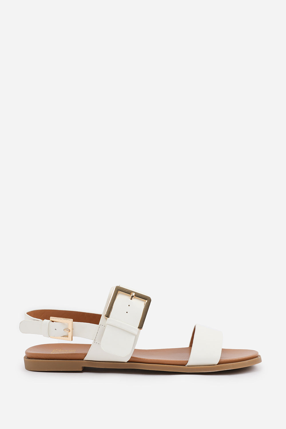 CAMILLA WIDE FIT CLASSIC FLAT SANDALS WITH STRAP AND BUCKLE DETAIL IN WHITE FAUX LEATHER